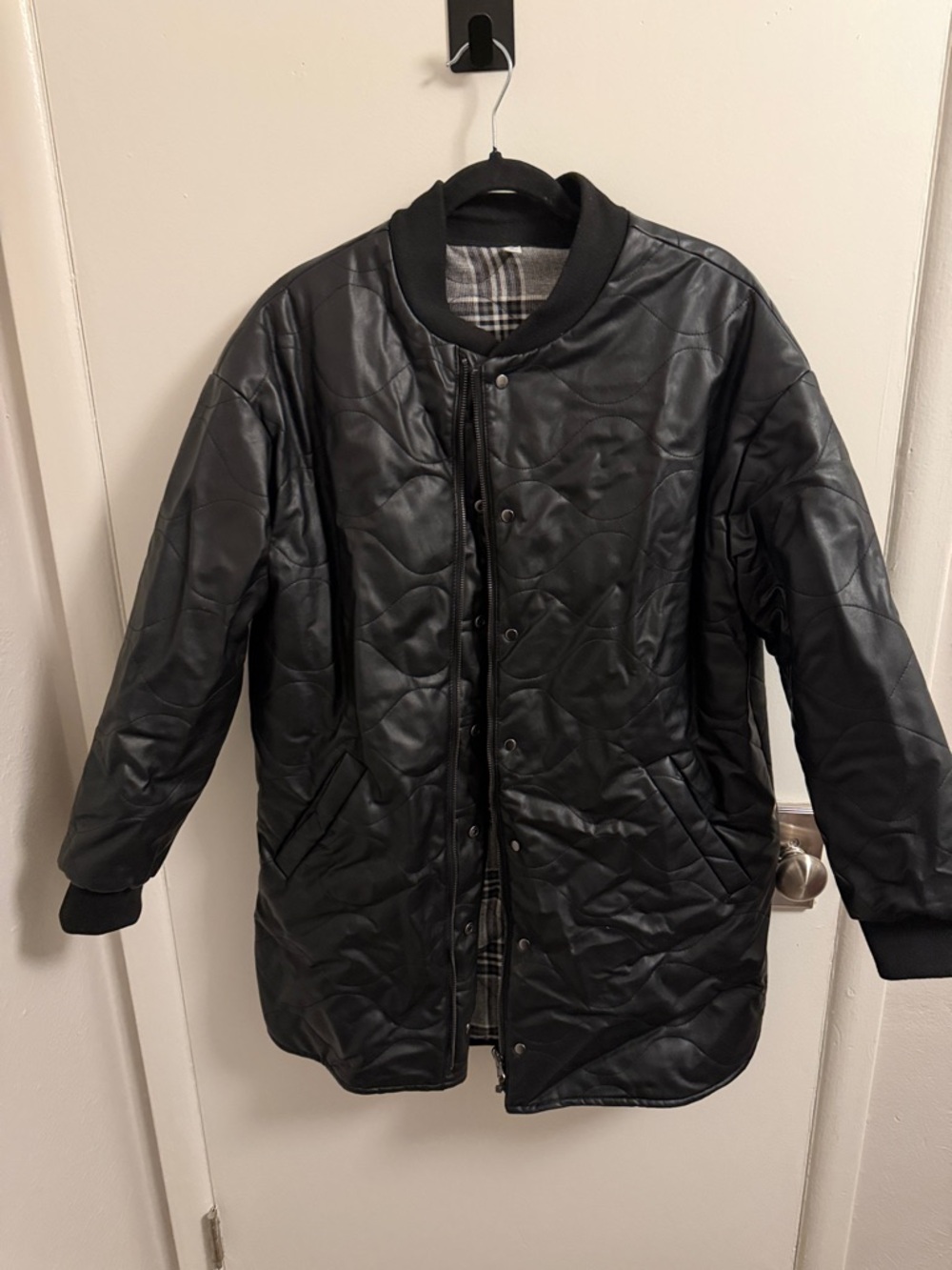 Women's Black Quilted Faux-Leather Bomber Jacket